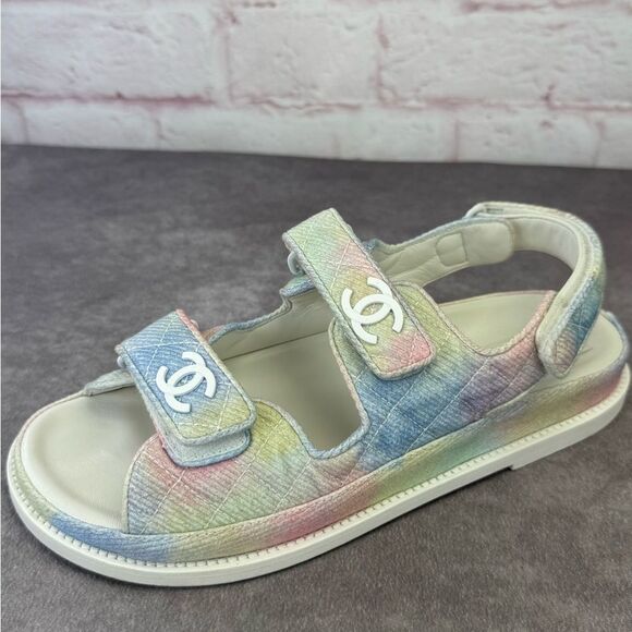 Chanel 22C Green Pink Blue White CC Logo Mule Slide Strap Flat Dad Sandal 40 - Picture 3 of 15